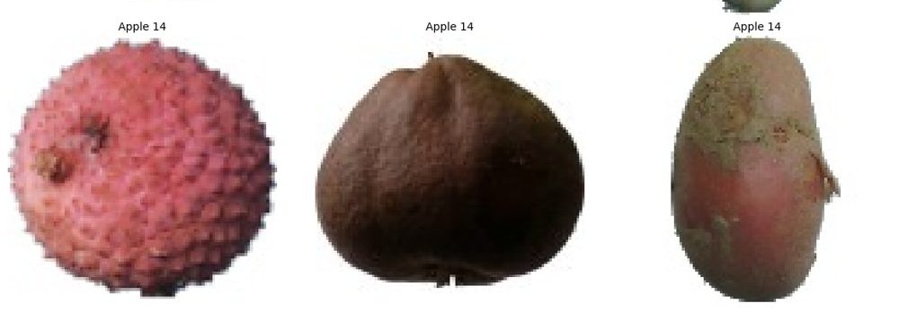 Three sample fruit images from Fruits-360 on white backgrounds